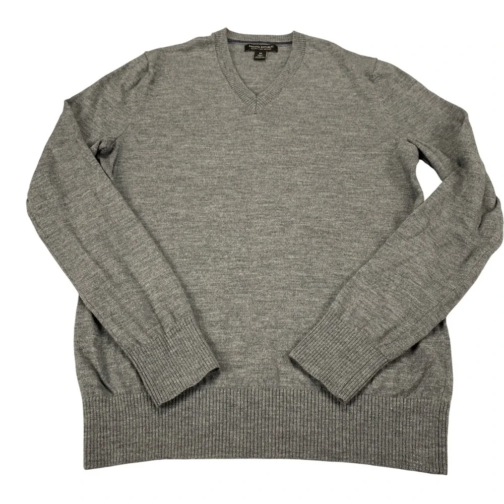 Banana Republic‎ Mens Extra Fine Merino Wool V-Neck Sweater Gray Medium